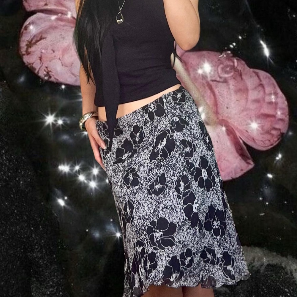 Silk Vintage Black and White Floral Skirt with Hand-Beaded Detailing